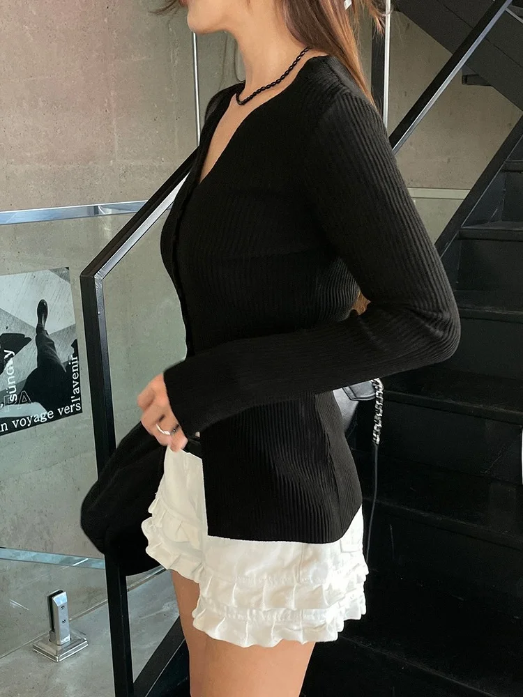 2022 Spring Faion Damen Bla gestricktes V-Ne-Cardigan-Oberteil zum Abnehmen mit Rüschen, zweiteiliges Set Ele Sle