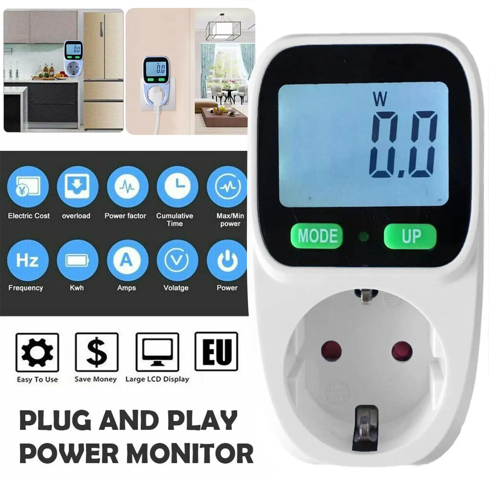 220V 110V AC Digital Wattmeter Backlight Upgraded Power Metering Socket DE Plug Power Electricity Intelligent Meter