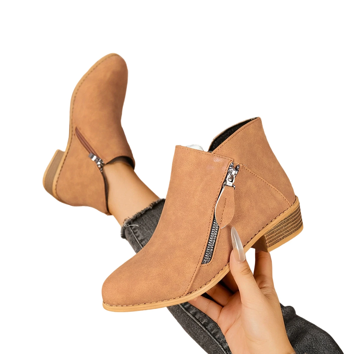 المرأة الخريف الشتاء الجوارب الجديدة عادية منخفضة الكعب الخامس قطع الجوارب القصيرة موضة كعب سميك مزدوجة الجانب السوستة تصميم أحذية بولي PU #4