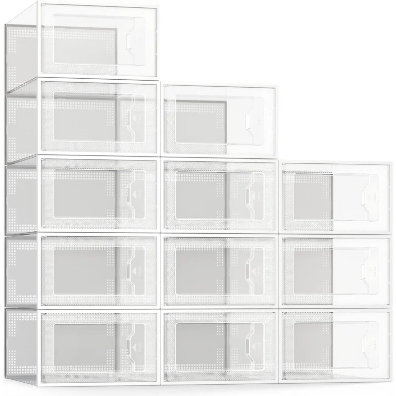 12 Pack Shoe Storage Box, Clear Plastic Stackable Shoe Organizer for Closet, Space Saving Foldable Shoe Rack Sneaker Container