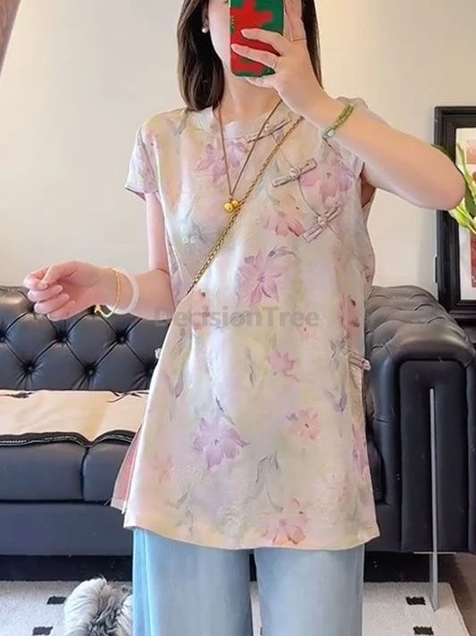 

2025 new chinese style youth retro improved qipao top advanced sense printing popular blouse leisure versatile women's blouse