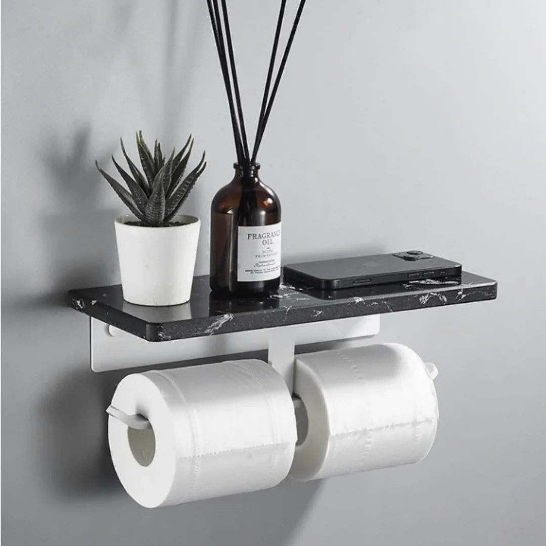 Wall Mounted White marble toilet paper holder black tissue holder marble black paper roll rack with mobile phone storage rack