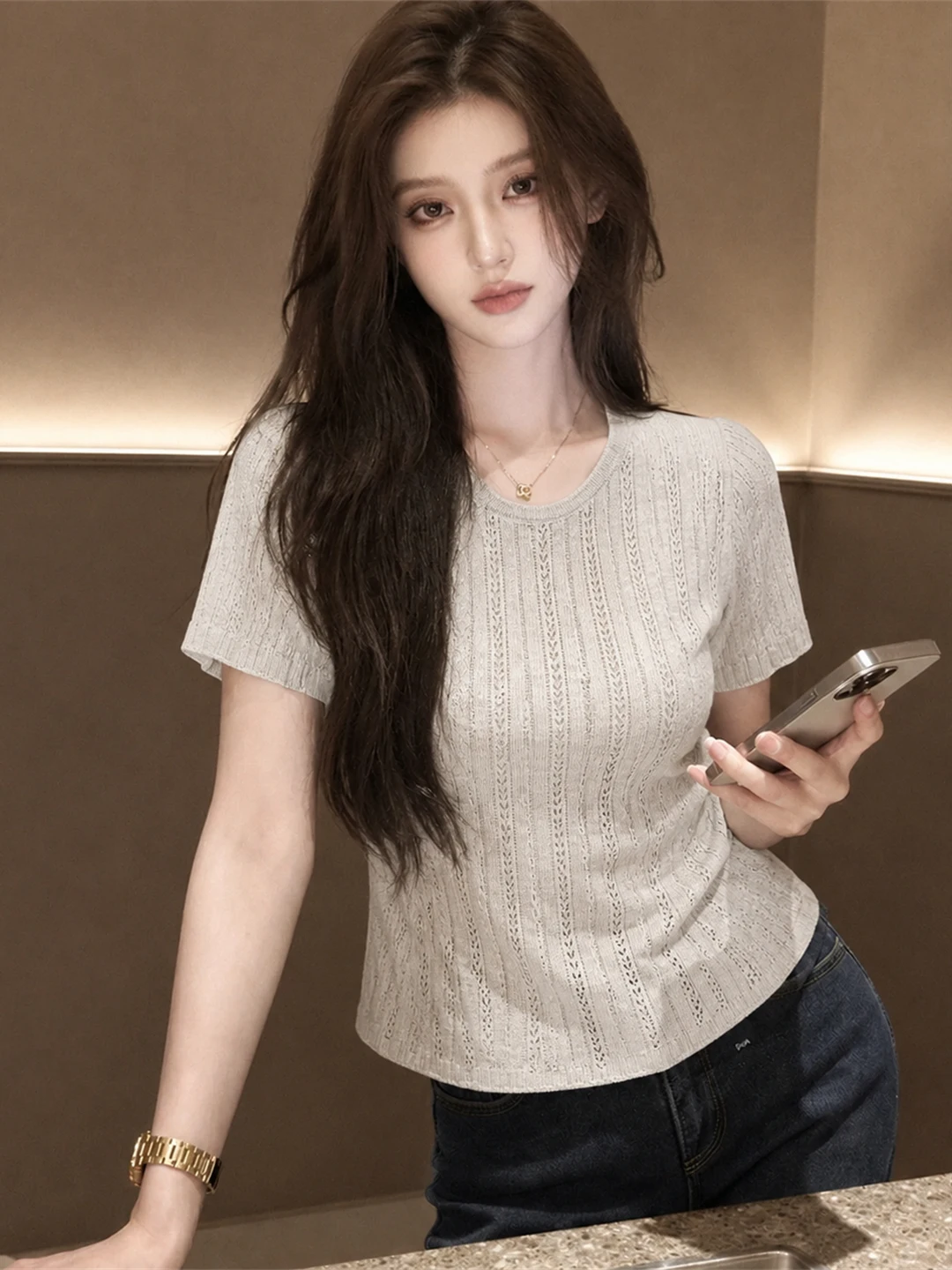 

Elegant round Neck Short Sleeve Ice Silk Knitted Top Hollow out Design Summer Fashionable Shirt Korean Style Straight Cut