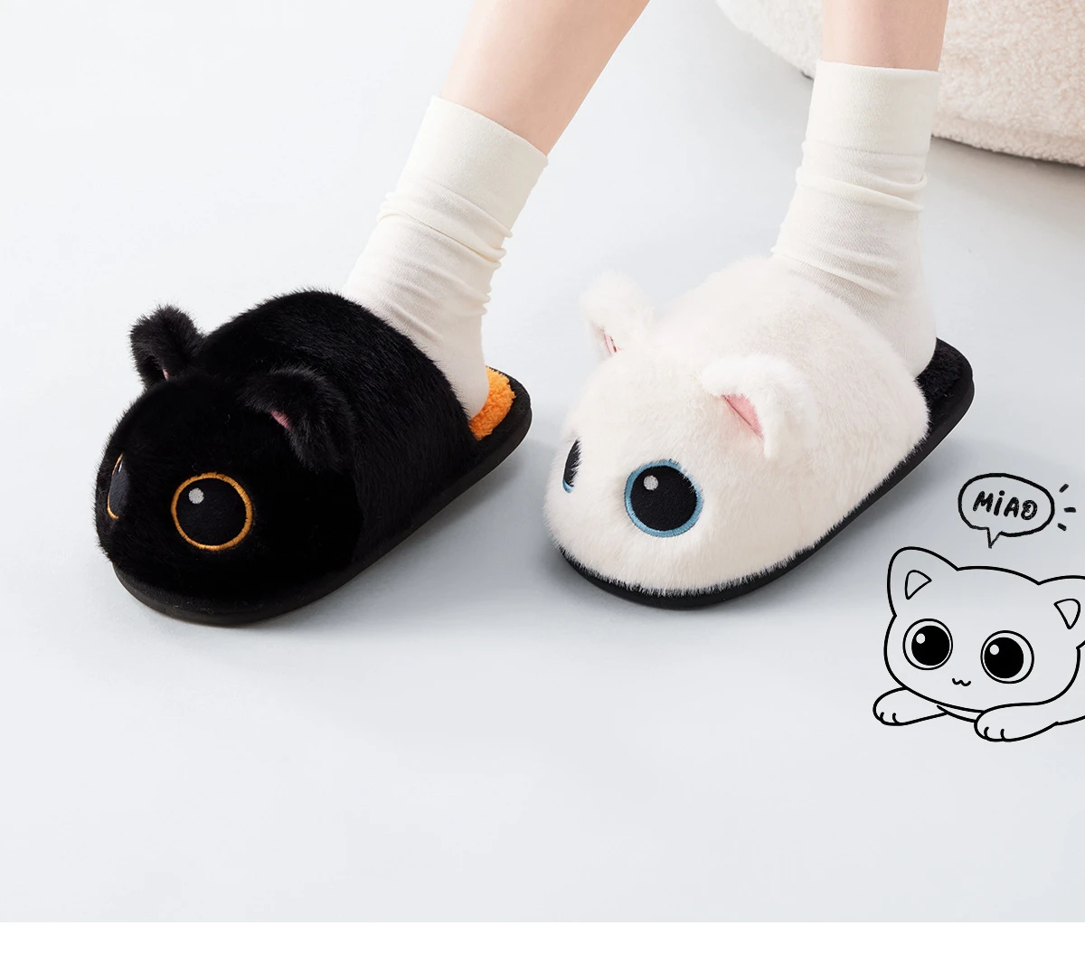 Kawaii Sternenaugen-Katzen-Hausschuhe, Plüsch-Hausschuhe für Damen, Winter-Hausschuhe, Plüsch-Hausschuhe für Damen, Tier-Hausschuhe, Indoor-Mules, Schlafzimmer-Slides, Schuhe – Detail 9