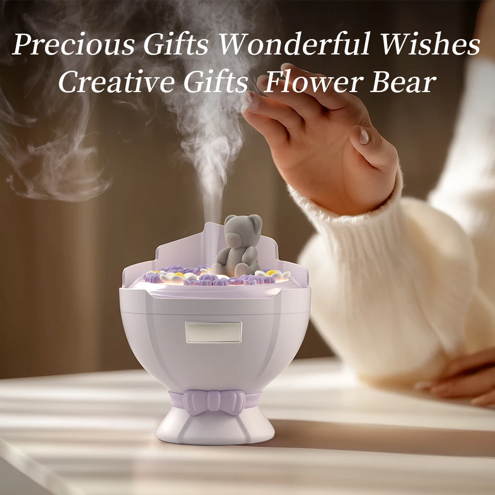 Flower Bouquet Humidifier, Portable Personal Compact Humidifier, 230ml, Cute Flower Bear, Silent Cool Mist Colourful Lights, Top