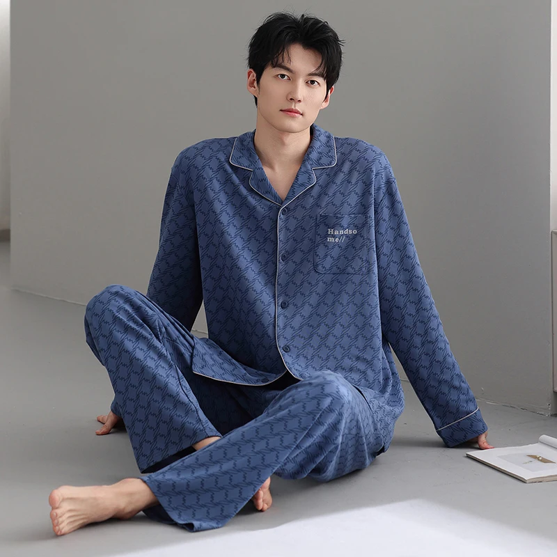 

High Quality Spring and Autumn M-4XL Men Pajamas Set 100% Cotton Turn-down Collar Sleepwear Male Pyjamas
