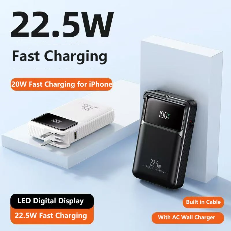 

10000mAh Wall Charger Power Bank with Cable AC Plug Powerbank 22.5W Fast Charging for iPhone 16 Samsung Xiaomi External Battery