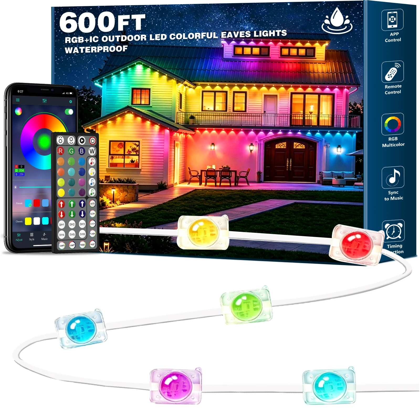 600FT Permanent Outdoor String Lights RGB+IC,IP67 Waterproof Eaves Lights, App & Remote Control, Music Sync, MyDIY Timer, Easy Install for Patio, Roofline, Garden, Deck, Fence Holiday Decor