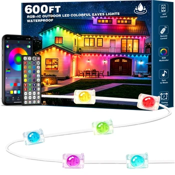 600FT Permanent Outdoor String Lights RGB+IC,IP67 Waterproof Eaves Lights, App & Remote Control, Music Sync, MyDIY Timer, Easy Install for Patio, Roofline, Garden, Deck, Fence Holiday Decor 1