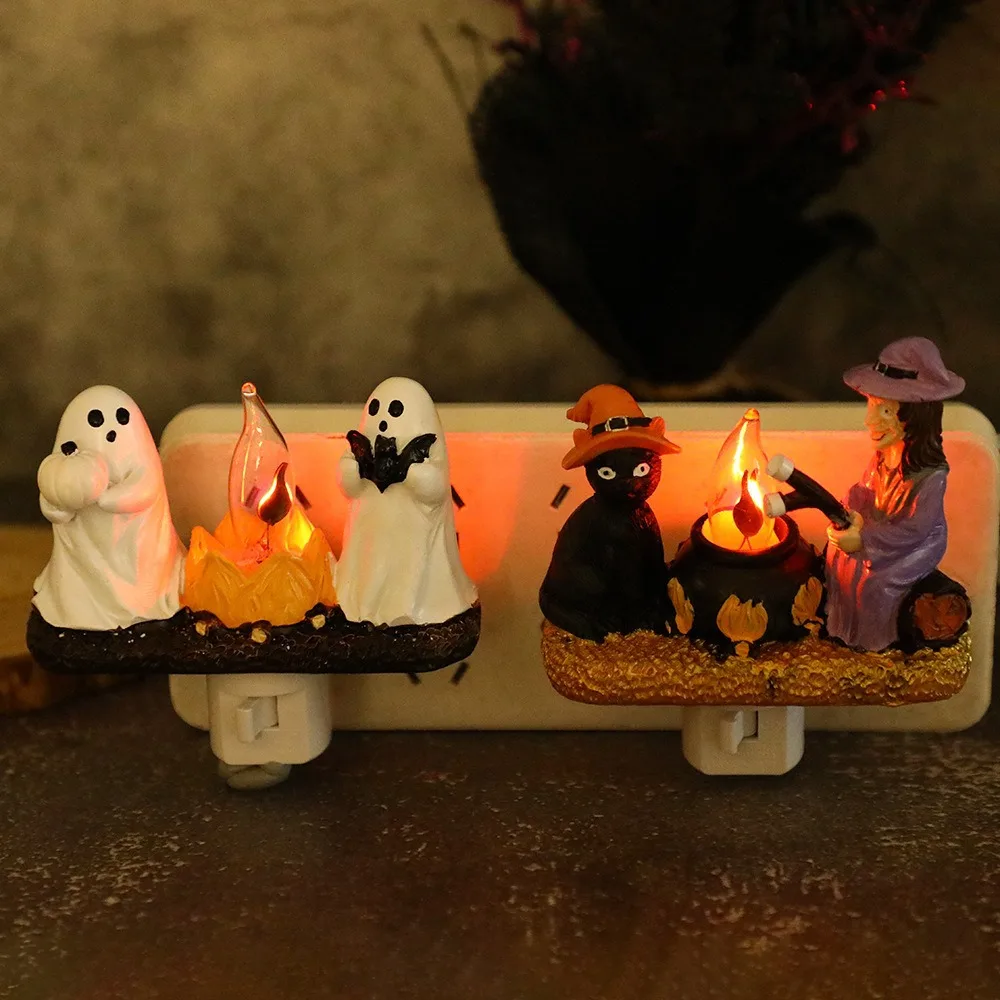 Halloween Resin Plug-in Night Light, Simulated Flame Campfire, Ghost Witch Cat Shape, Independent Switch Wall Sconce