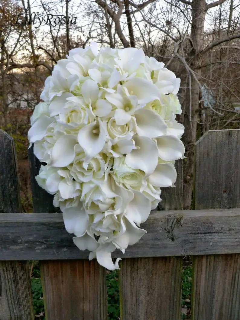 EillyRosia-Broche Dorée en Cascade, Bouquet de Fleurs de Mariage, Lys Calla Blanc, Trash, Larme, Plage, pour la Mariée