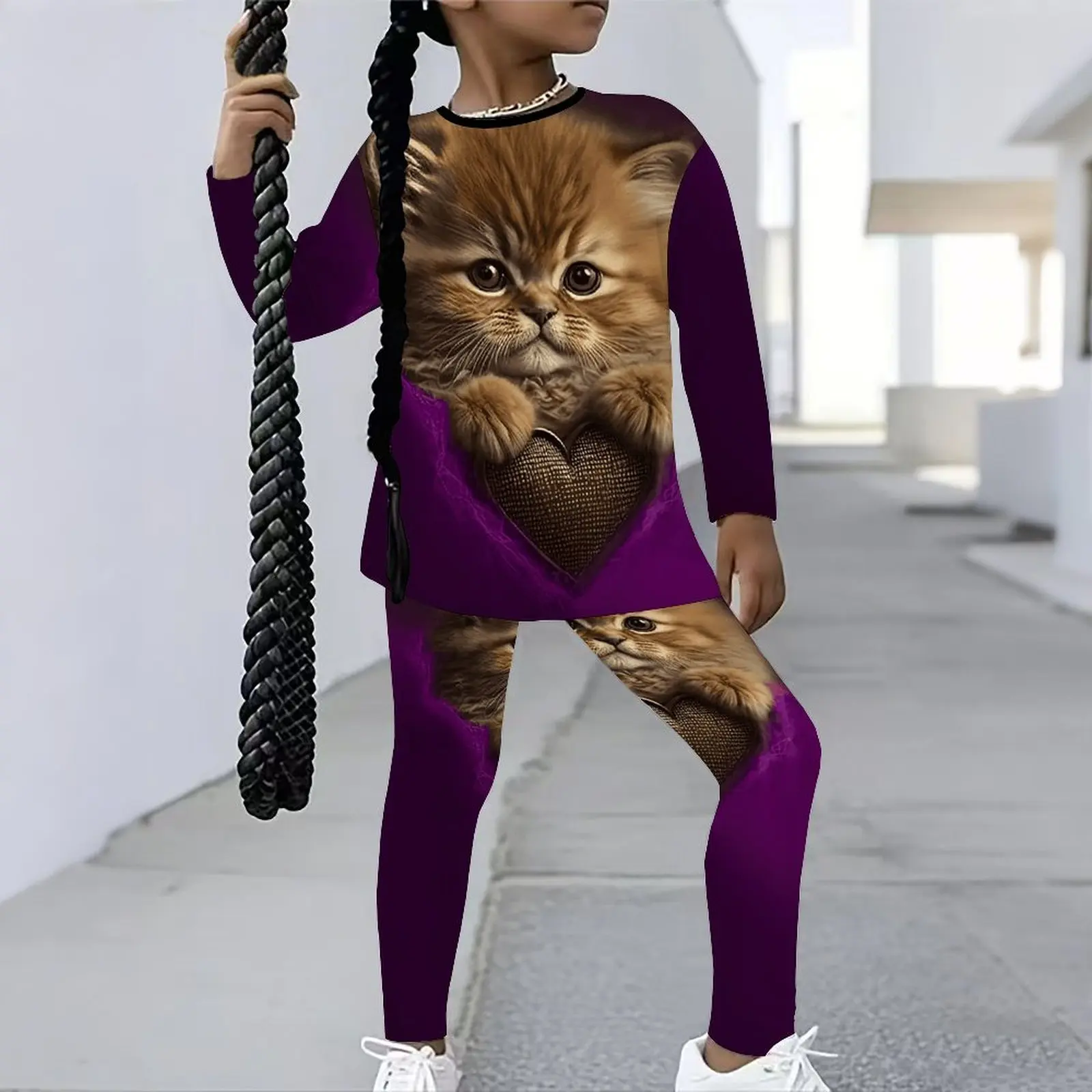 Girls Print Long Sleeve Round Neck Top Cute Two-Piece Casual T-shirt Autumn Leggings Winter Jogging Pants
