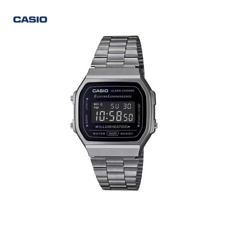 Montre rétro carrée Casio A168WGG-1B, bracelet en acier inoxydable gris, batterie, lumière EL, alarme quotidienne pour hommes, femmes, étudiants