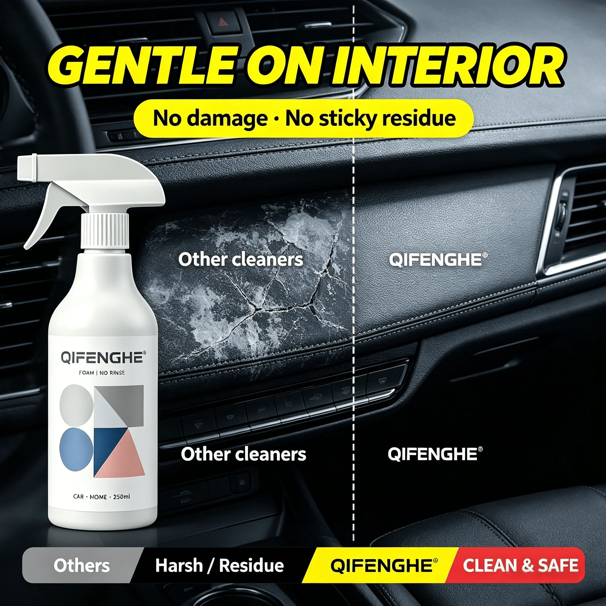 QIFENGHE Foam Cleaner – No Rinse, No Residue, for Car & Home Interior, with Sponge, 250ml
