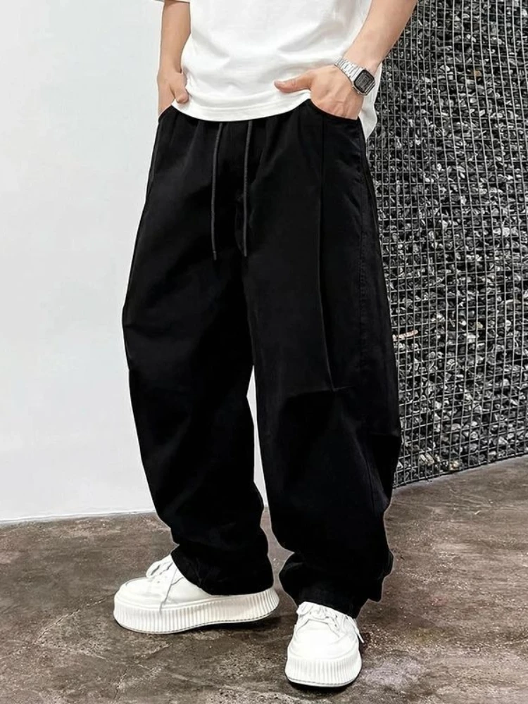 Mens Hong Kong Style Curved Cut Casual Pants Summer Loose Straight Wide Leg