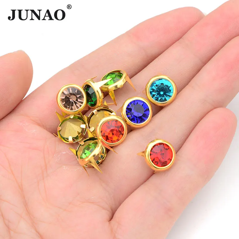 JUNAO 10mm 50pcs Mix Color Rhinestone Rivet Gold Brass Studs Metal Spikes Decoration Rivet For Leather Clothes Shoes DIY Crafts