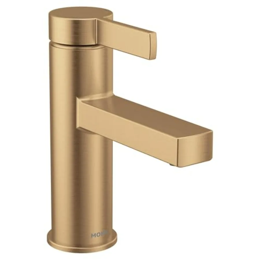 

Bathroom sink faucet: bronzed gold finish modern one-handle single-hole design with drain assembly and optional deckplate durab