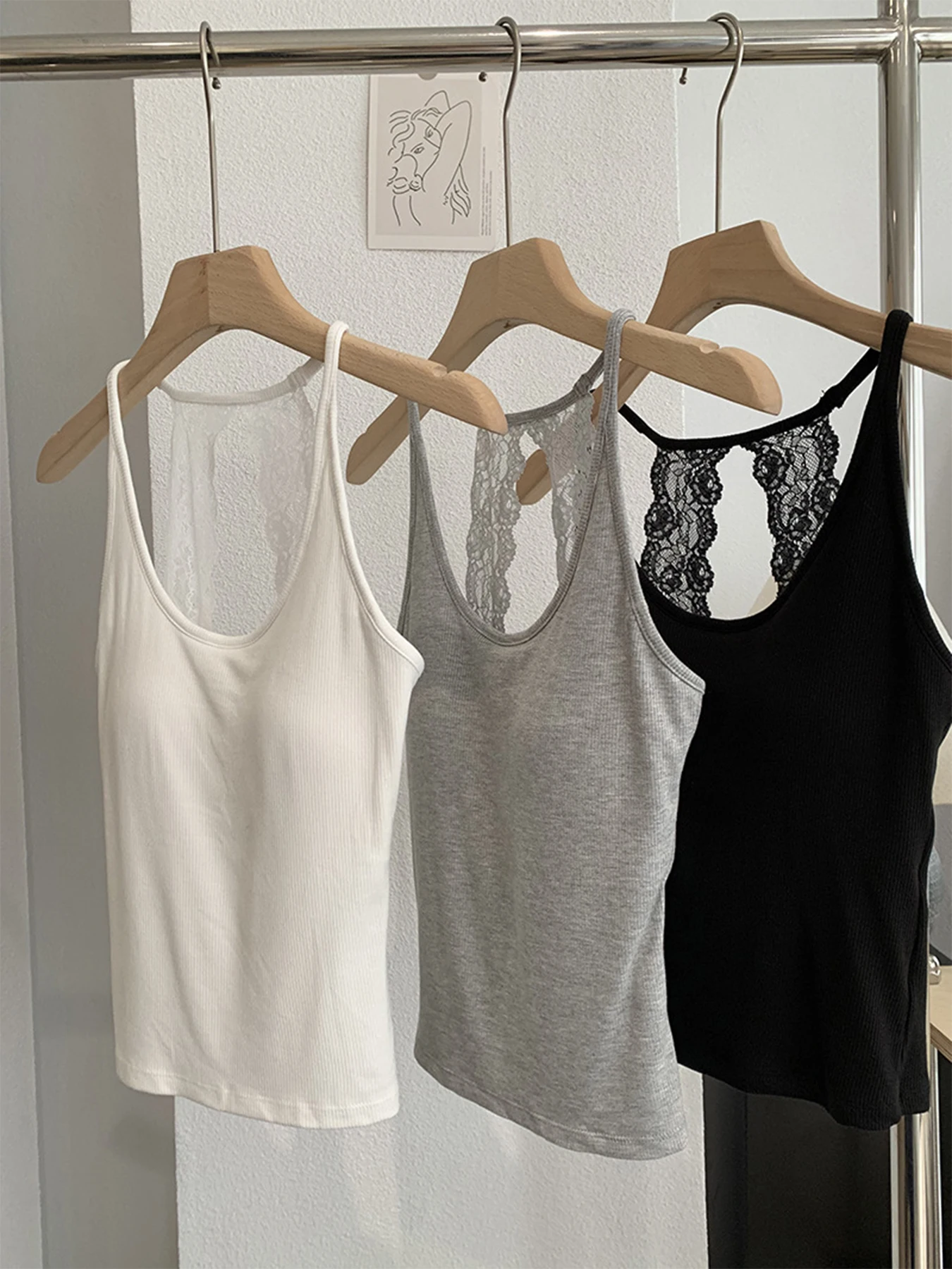 Women Korean Style Sexy Lace Back Vest Flattering Casual Tank Top All-Match Summer Thin-Strap Halter Singlet Soft Sport Clothes