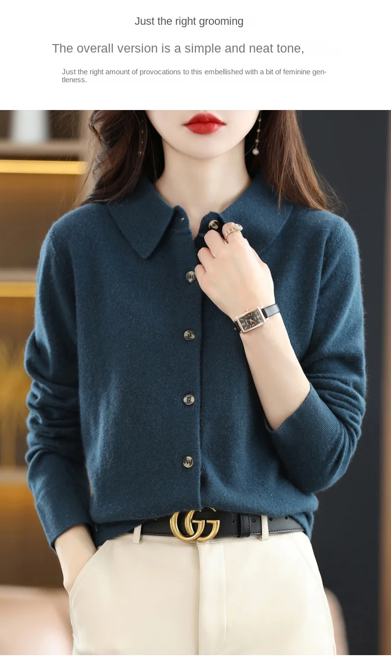 2024 Damen-Strickjacke mit POLO-Kragen, Basic, vielseitig, oben aus gesponnener Wolle, eleganter einreihiger Pullover DMR 430 – Detail 25