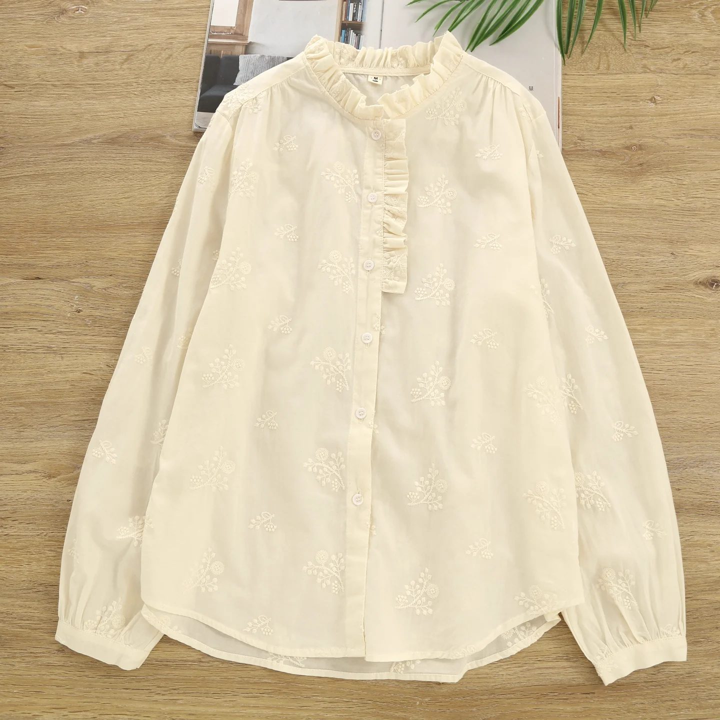 

100% Cotton women's elegant blouse Japan fashion stand colalr ruffled lace embroider shirt tops ladies clothes