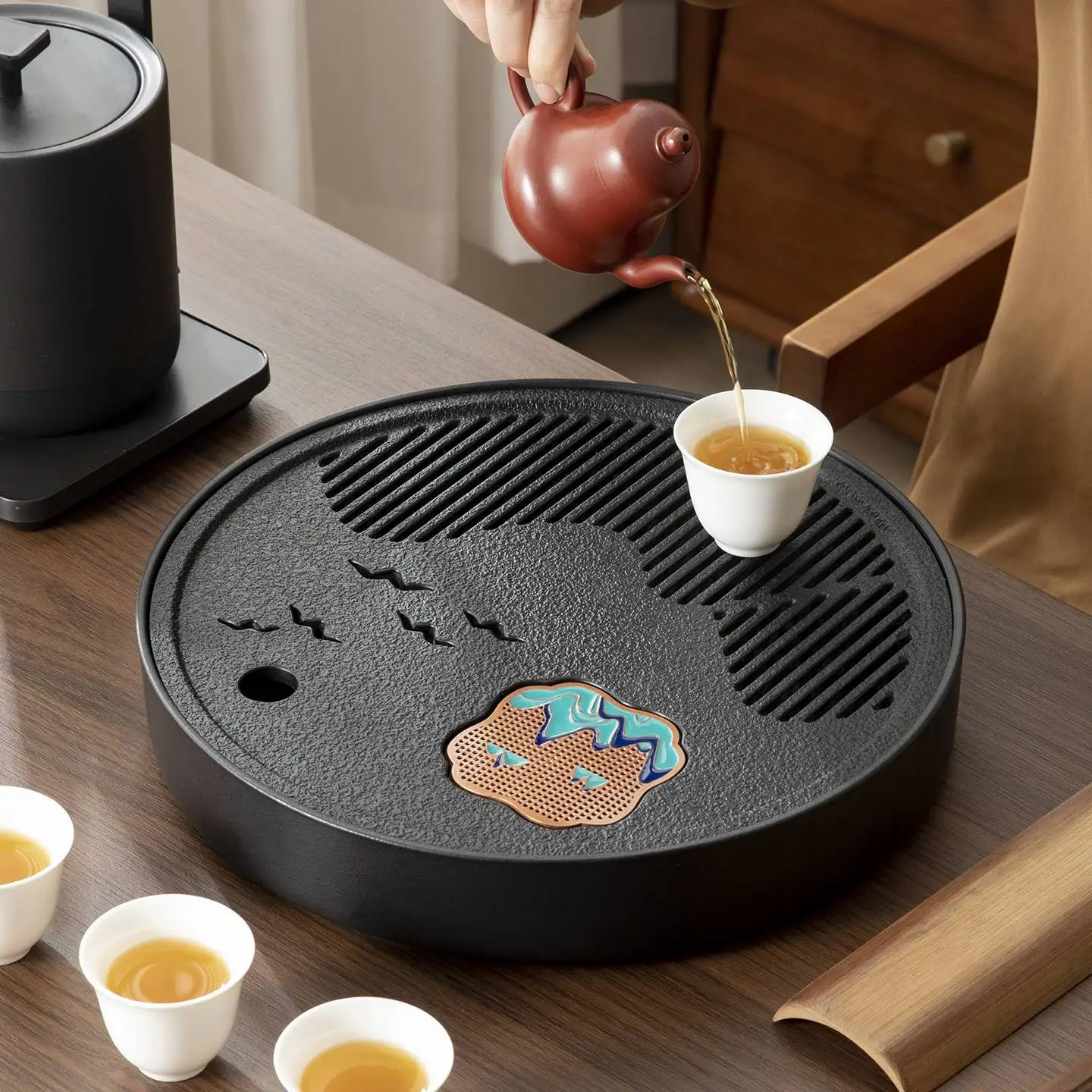 rounded-ceramic-artificial-sunscreen-sleeve-cover-water-storage-drainage-small-tea-table-tea-set-simple-home-use