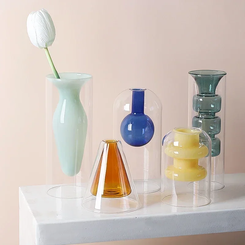 Decorative Double Wall Borosilicate Flower Vase Ins Hot Popular Cylinder Hydroponic Clear Murano Glass Vase