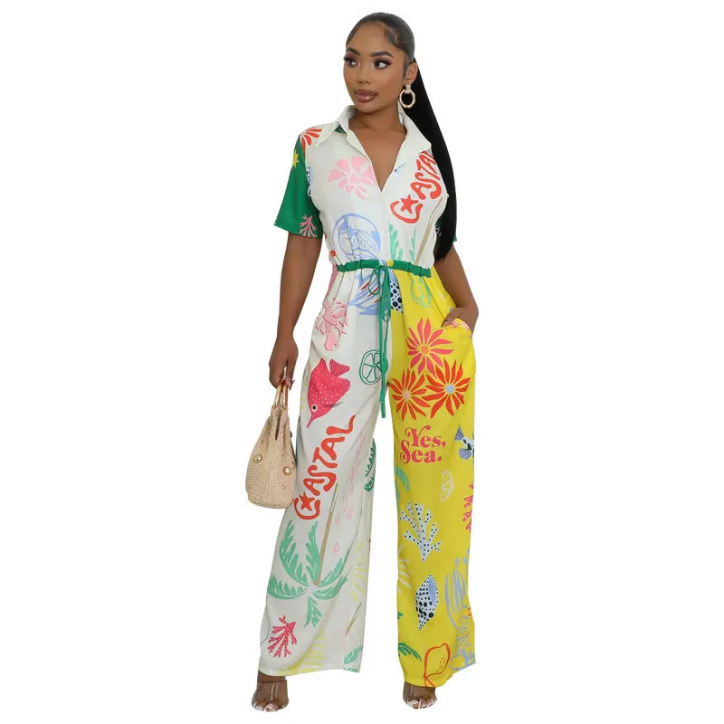 

European and American women's one-piece pants with good drape, high-waisted pants, new short-sleeved casual wide-leg fashion