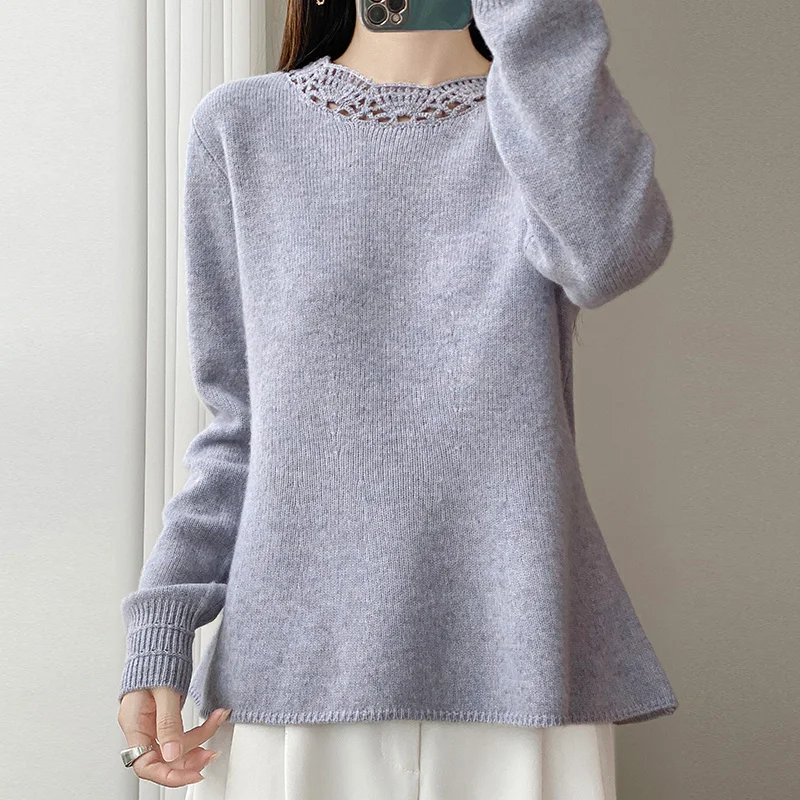 

Women's 100% Wool Thick Pullover - Crew Neck with Crochet Hollow Design, Elegant and Warm