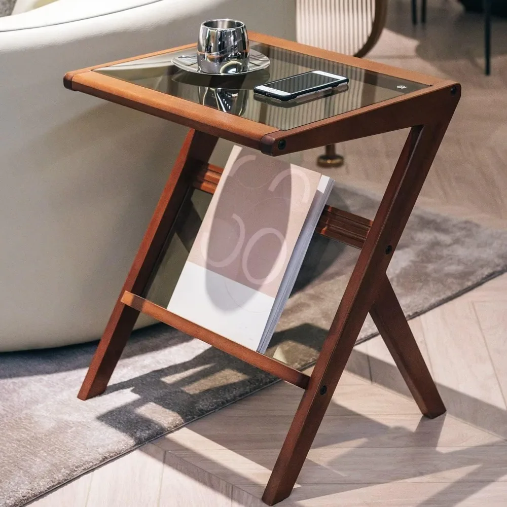 

Side Table Z Shape End Table with Tempered Glass Top, Solid Wood Modern Simplistic Style Coffee Table for Sofa Couch,Living Room