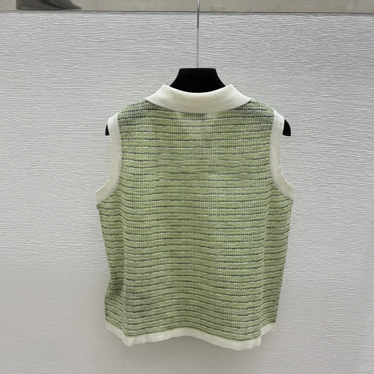 2026 Women Striped Knit Vest Polo Collar Half Button Sleeveless Knitted Top Casual Preppy Daily Blouse lyt2671341