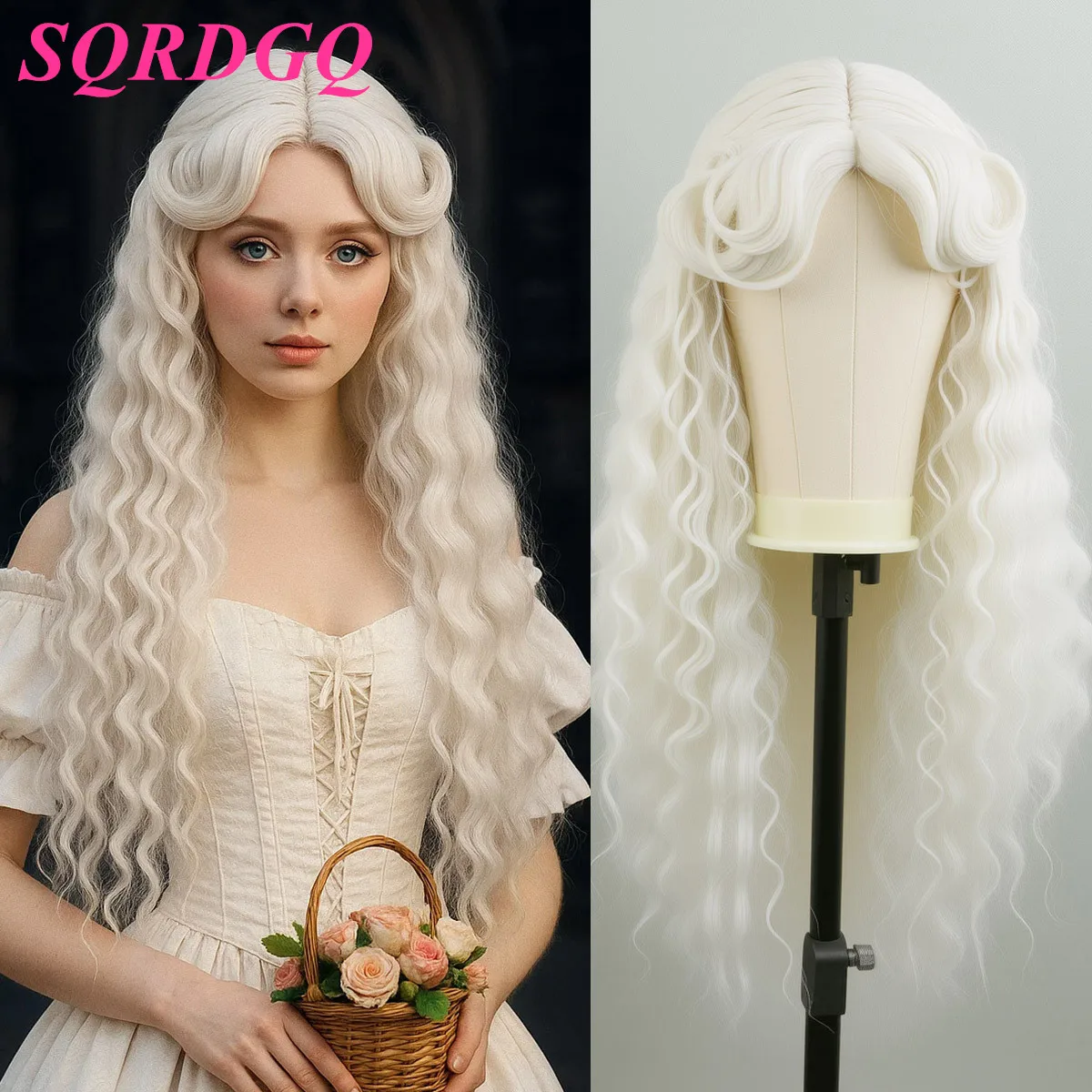 

Synthetic Hair Women's Wigs Party Cosplay Woman Wigs Natural Wavy White Wig with Bangs 28inch Lolita Wig Female High Quality