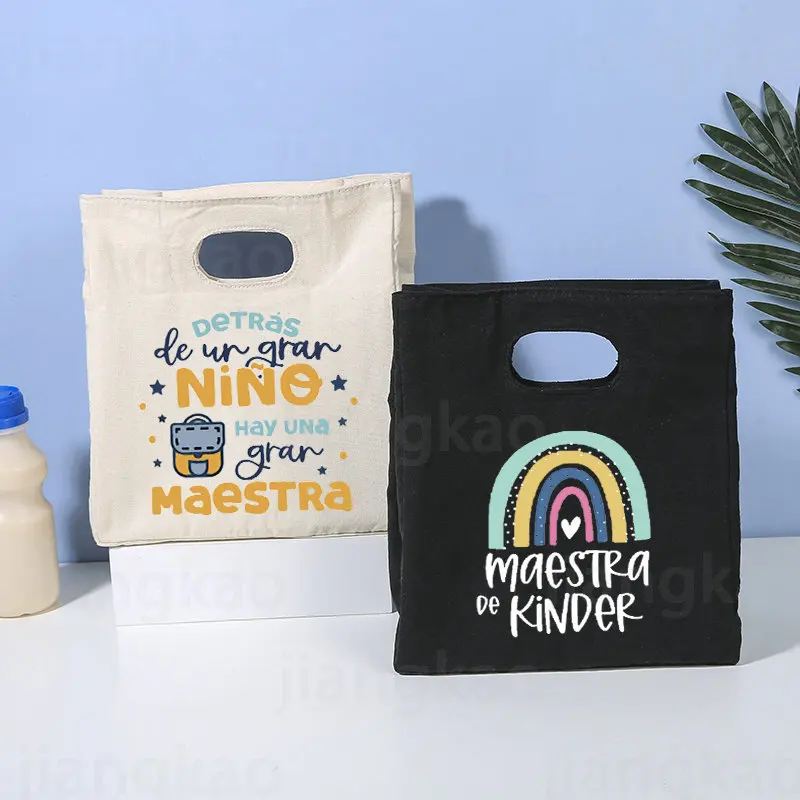 Hiszpański nadruk Cooler Lunch Bag Przenośna izolowana płócienna torba termiczna Torebka szkolna Piknik Torba do przechowywania żywności Prezenty dla nauczyciela