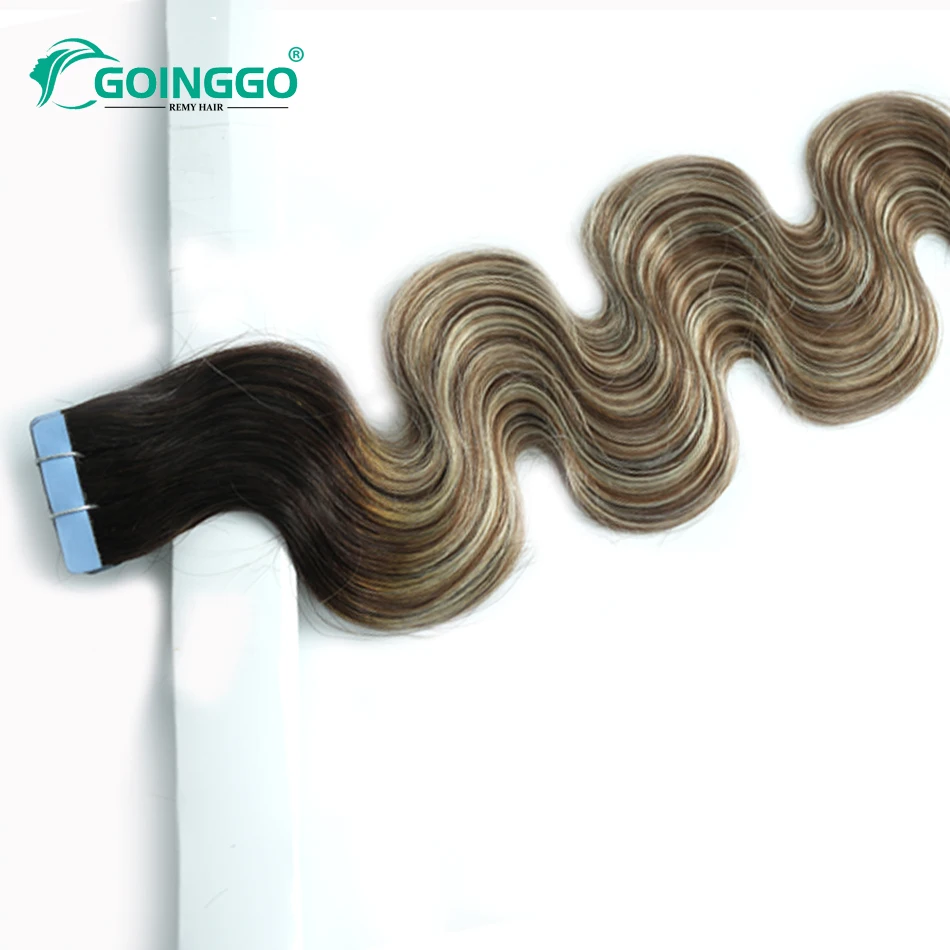 T2 6/60 Body Wave Remy Tape In Human Hair Extensions Balayage Dark Brown To Chestnut Brown And Platinum Blonde 20Pcs 12-26Inch