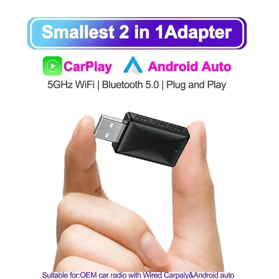 

Mini 2in1 Wired to Wireless CarPlay Android Auto Adapter for OEM Car Stereo With USB Plug and Play Car Ai Box Apple CarPlay