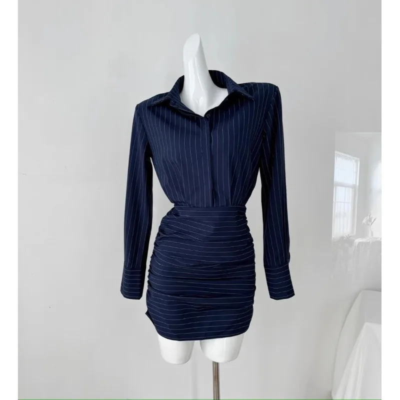 فستان قميص نسائي مخطط بأكمام طويلة فستان قميص الورك المعانقة تنورة قصيرة مكتب سيدة مثير سليم صالح فستان الكورية نمط 2025 #1