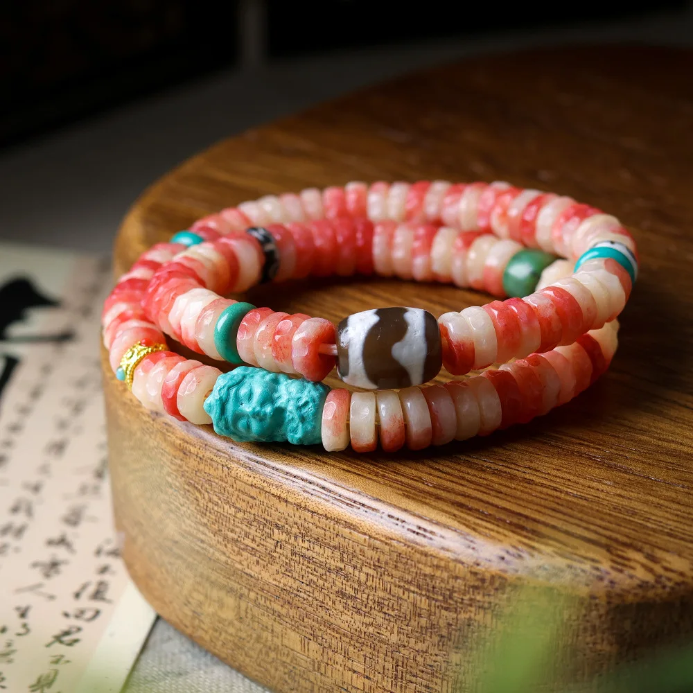 Full-Blooded Bone Double-Circle Tibetan Bracelet Zhakyilam Tiger Tooth Tianzu Chinese-Style Bead Bracelet Ornament