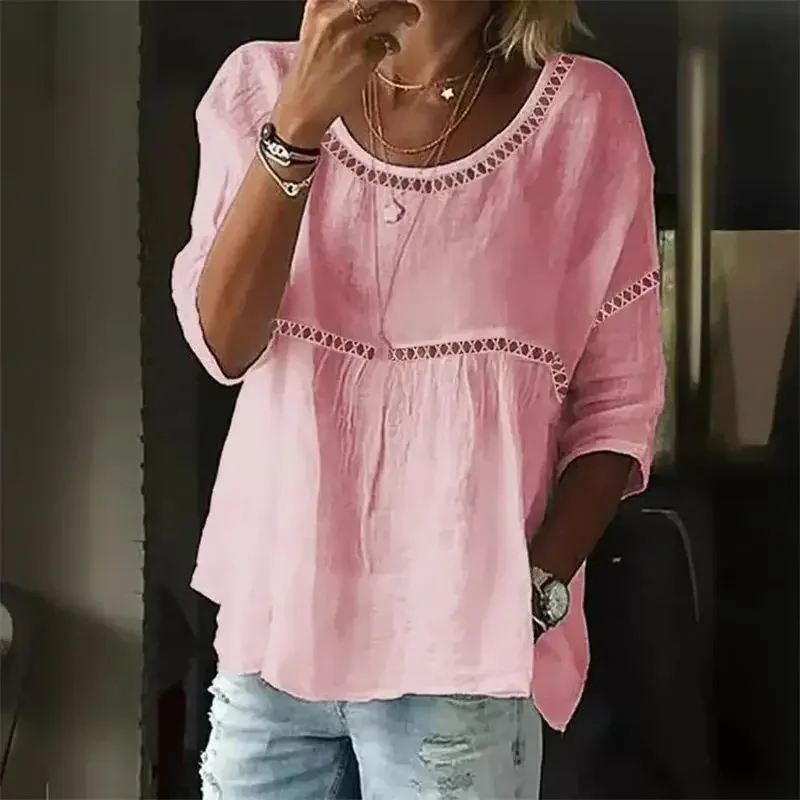 Summer New Hollow Out Splice Shirt Women Spring Summer Seven-quarter Sleeve Blouse Female Solid Color Casual Loose Pullover Tops