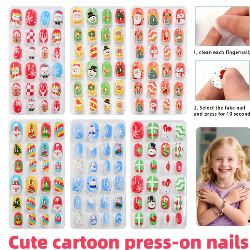 

24 шт./компл. съемные рождественские накладные ногти с героями мультфильмов для девочек, детские носимые накладные ногти с полным покрытием, детские накладные ногти