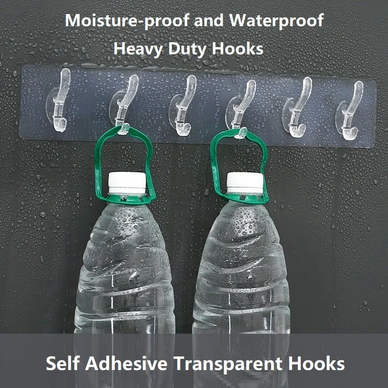 Traceless Adhesive Hooks - Transparent Self Adhesive Hooks Hold 5kg Heavy Duty Sticky Hooks for Hanging Clothes Robes Kitchen