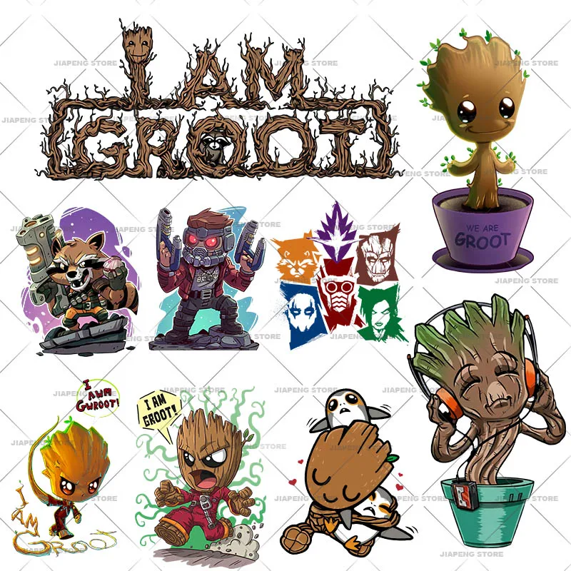 Groot Disney Iron on Patches for Clothing Washable Star Lord Heat Transfer for Rocket T-shirt Jacket Thermal Sticker on Clothes