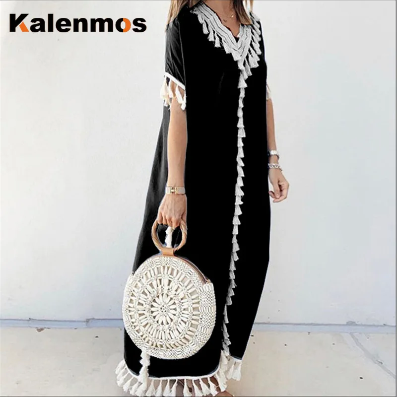 Dubai Turkey Muslim Caftan Abaya Dress Women Boho Summer Tassel Moroccan Kaftan Sundress Islamic Clothing Casual Loose Musulman