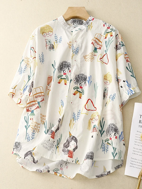 

Women's Printed Short Sleeve Shirt Stand Collar Loose Fit Summer Fashion Slimming Top Commute Style Artistic Large Size