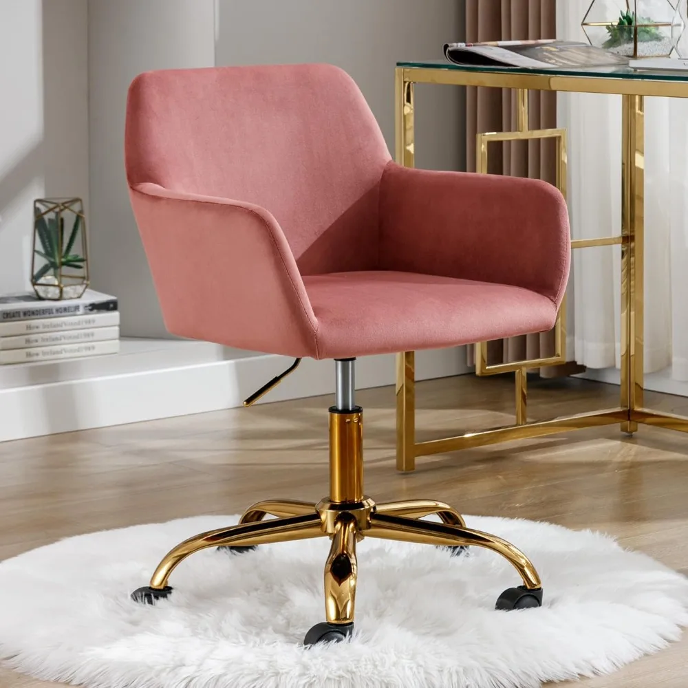 Pelliccia sintetica 360 ° Sedia da scrivania girevole, poltrona moderna da ufficio regolabile in altezza con base dorata per adolescenti, donne e ragazze, rivestimento