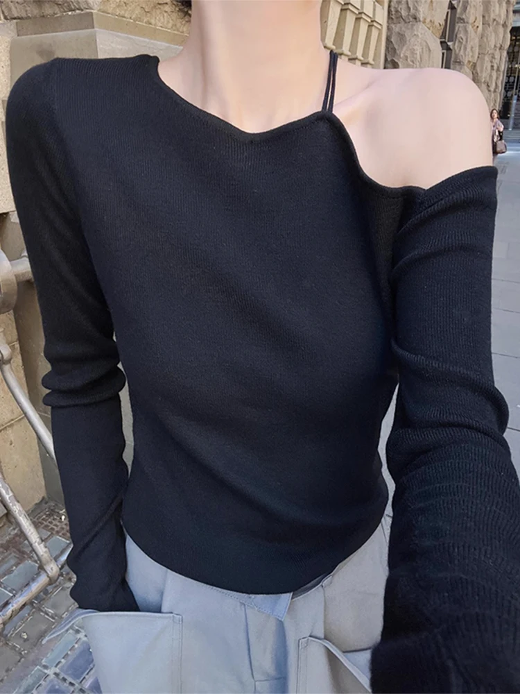 سترة محبوكة نسائية أنيقة للخريف، تصميم بسيط وفضفاض بأكمام طويلة، ياقة غير متماثلة بتصميم الكتف الواحد، مناسبة للارتداء اليومي