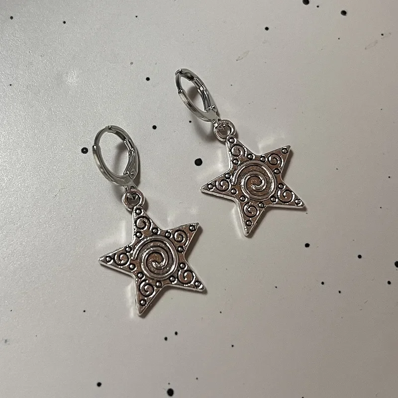 Vintage Goth Silver Color Spiral Vortex Star Pendant Earring For Women Men Punk Y2K EMO 90s Aesthetic Grunge Jewelry Accessories