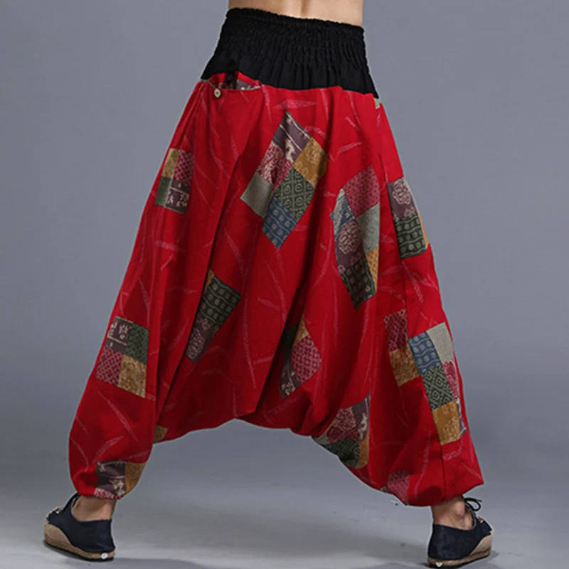 Nepal Style Printed Men Bohemian Wide Leg Cross Pants Cotton & Linen Elastic Waist Mens Low Crotch Casual Pants