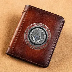 High Quality Genuine Leather Wallet Antique Masonic Symbol Printing Standard Purse BK3504