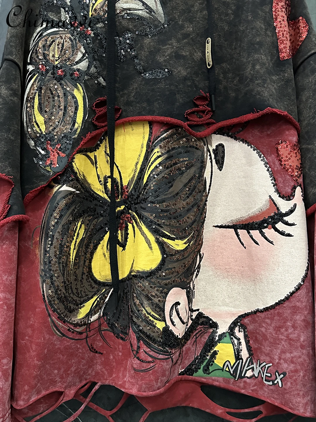 2025 Autumn New Fashion Heavy Distressed Fake Two-piece Cartoon Girl Hooded Color-blocking Sweatshirt Women's Loose Casual Top