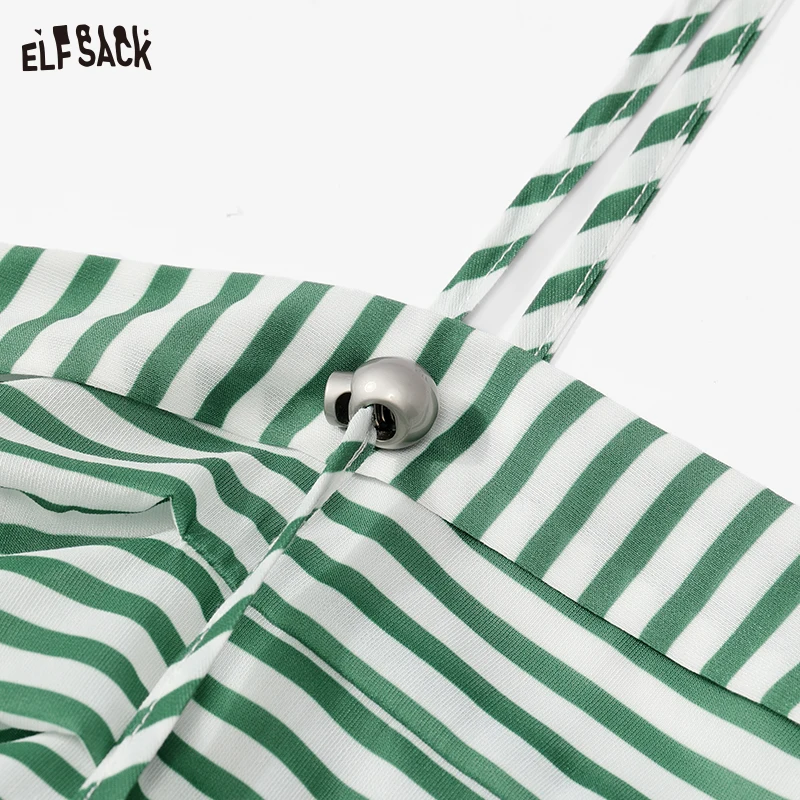 ELFSACK 2024 Summer New Style Stripe Slimming Dress for Women with Waist Waist and Vacation Style Skirt