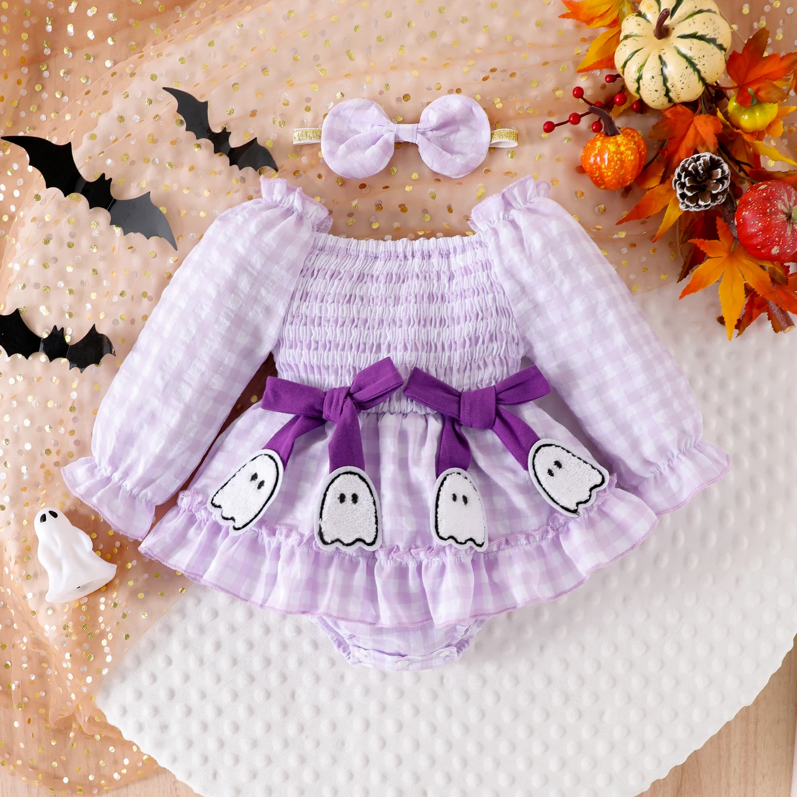 Halloween-Stramplerkleid für Babys und Mädchen mit Schleife und Stirnband, langärmelig, karierter Druck, elastischer Ausschnitt – Detail 7